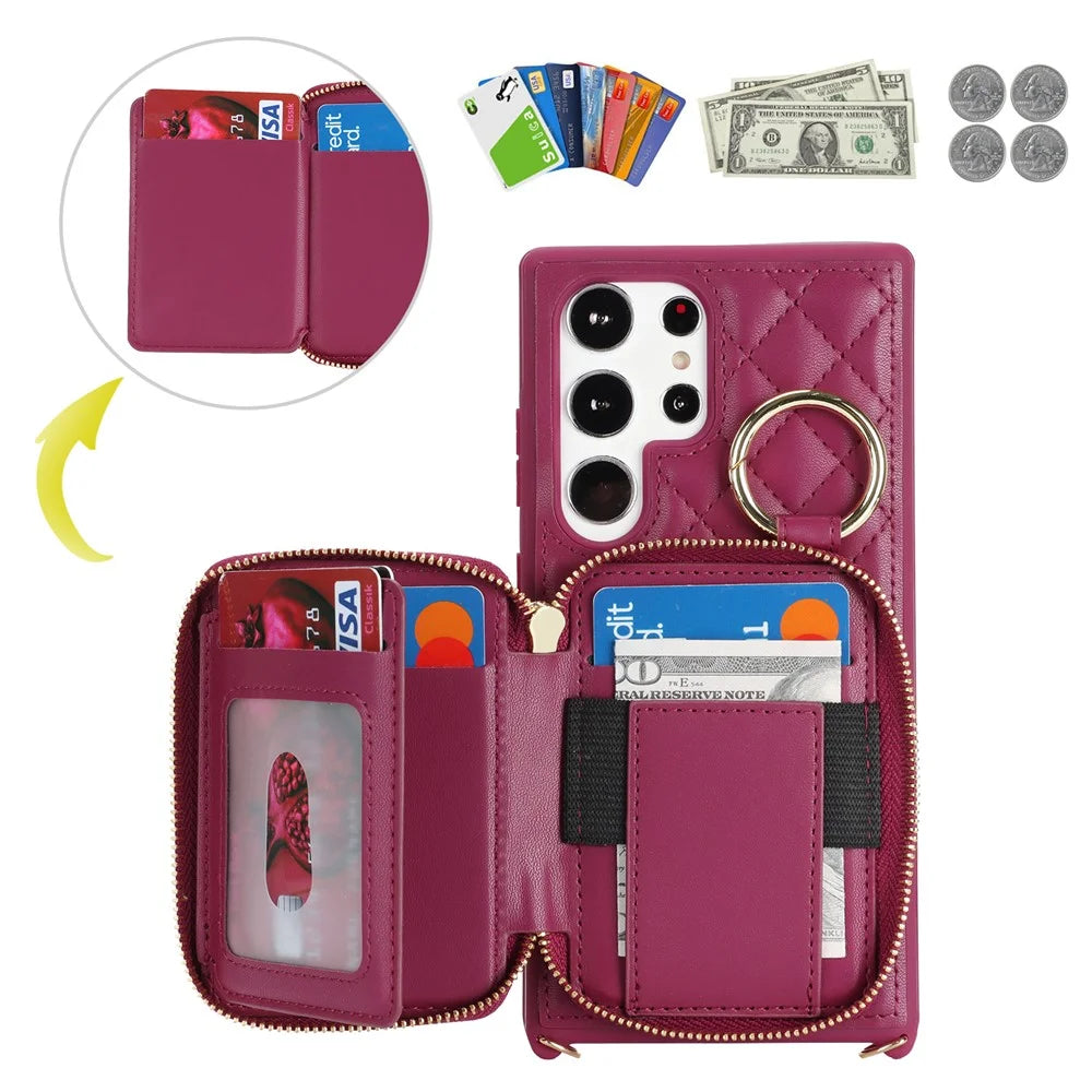 For Samsung Galaxy S24 Ultra Case Ring Holder Zipper Pocket Kickstand Leather Back Phone Cover with Shoulder Strap - Wine Red - 6