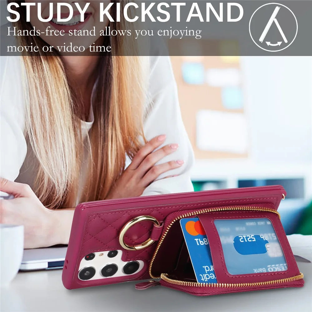 For Samsung Galaxy S24 Ultra Case Ring Holder Zipper Pocket Kickstand Leather Back Phone Cover with Shoulder Strap - Wine Red - 7