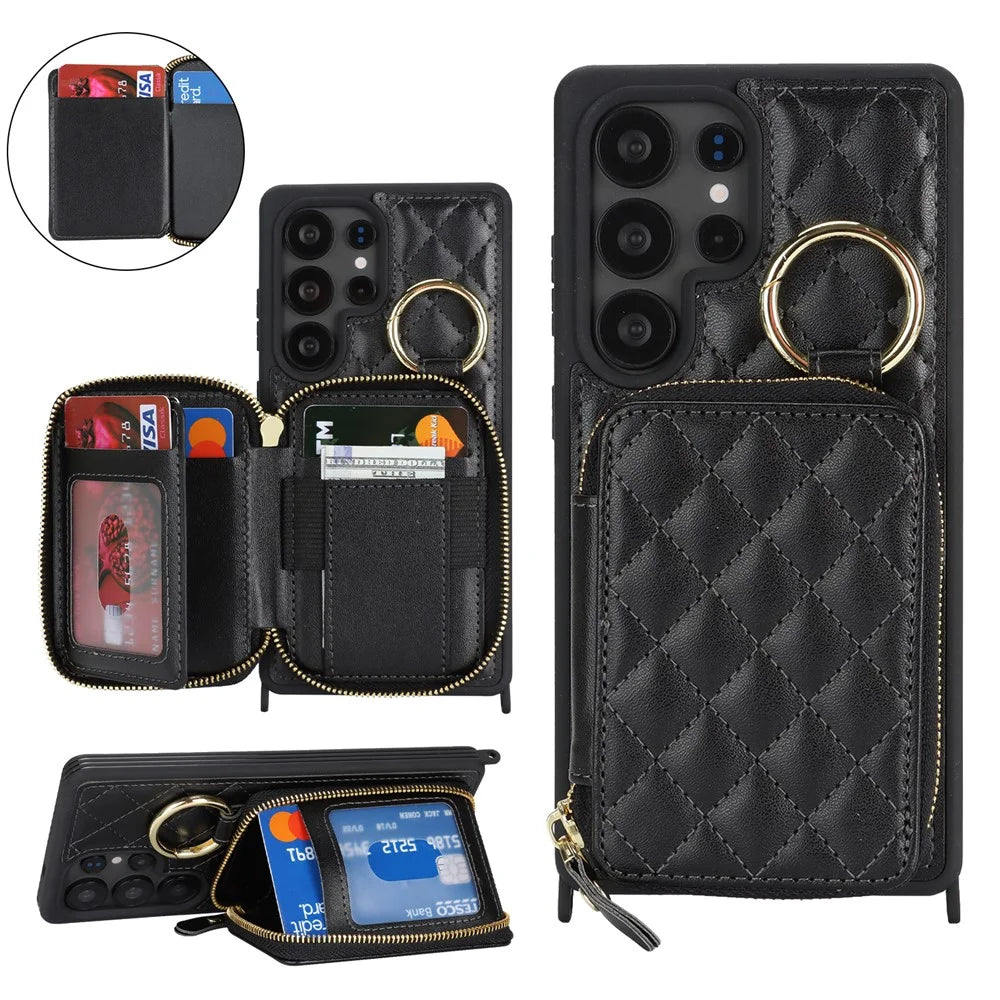 For Samsung Galaxy S25 Ultra Case Ring Holder Zipper Pocket Kickstand Leather Back Phone Cover with Shoulder Strap - Black - 1