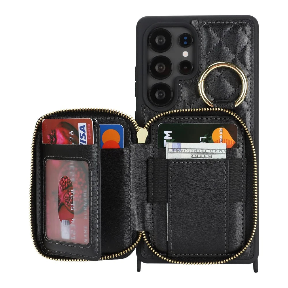 For Samsung Galaxy S25 Ultra Case Ring Holder Zipper Pocket Kickstand Leather Back Phone Cover with Shoulder Strap - Black - 2