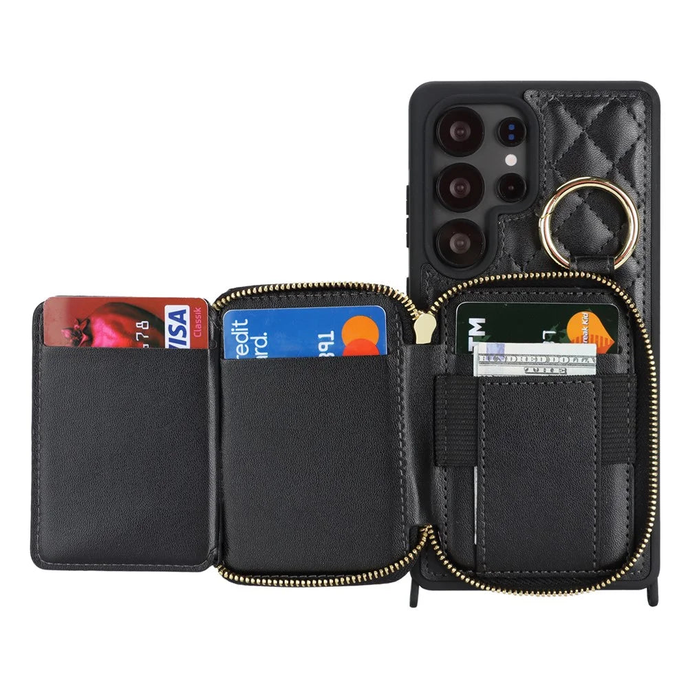 For Samsung Galaxy S25 Ultra Case Ring Holder Zipper Pocket Kickstand Leather Back Phone Cover with Shoulder Strap - Black - 3