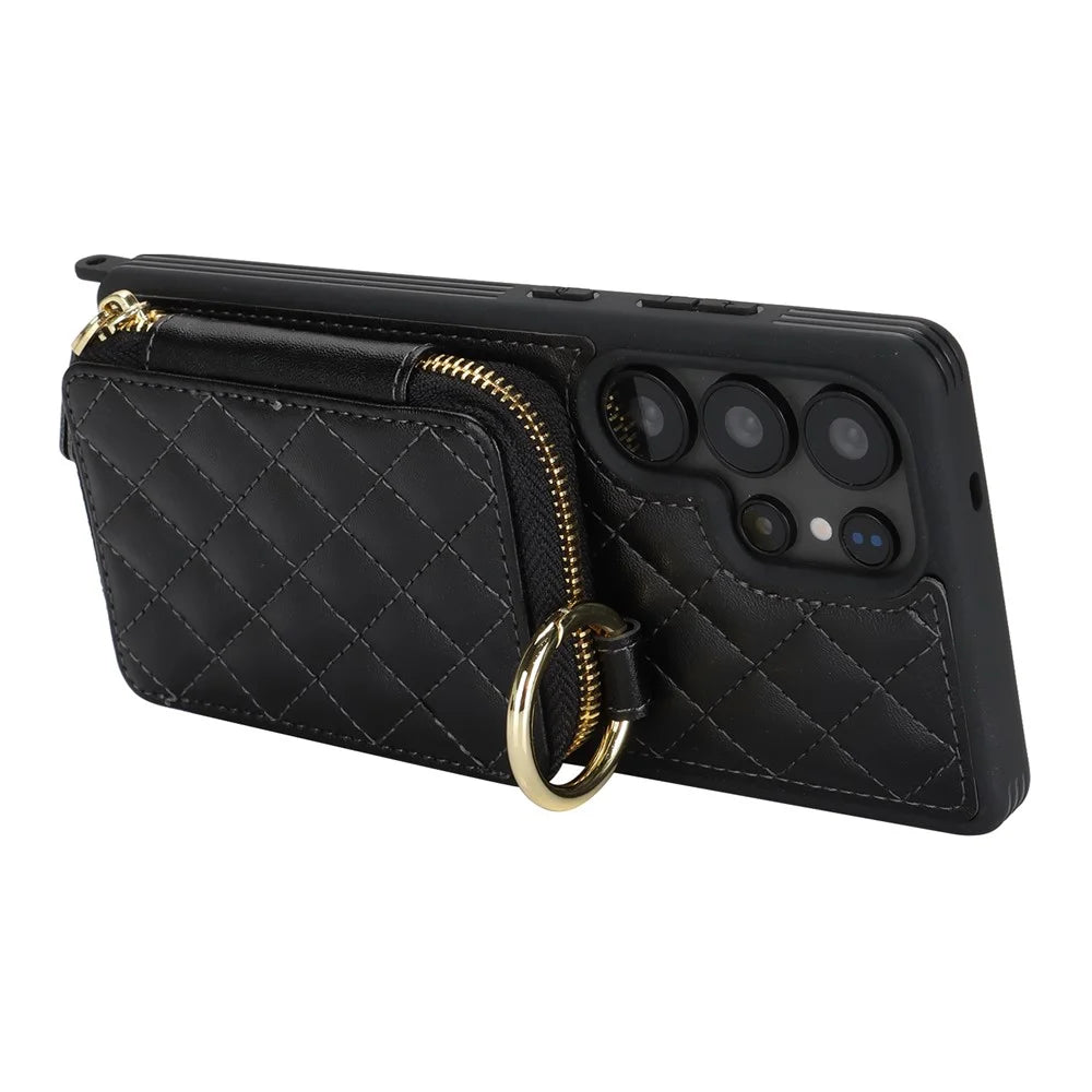 For Samsung Galaxy S25 Ultra Case Ring Holder Zipper Pocket Kickstand Leather Back Phone Cover with Shoulder Strap - Black - 4