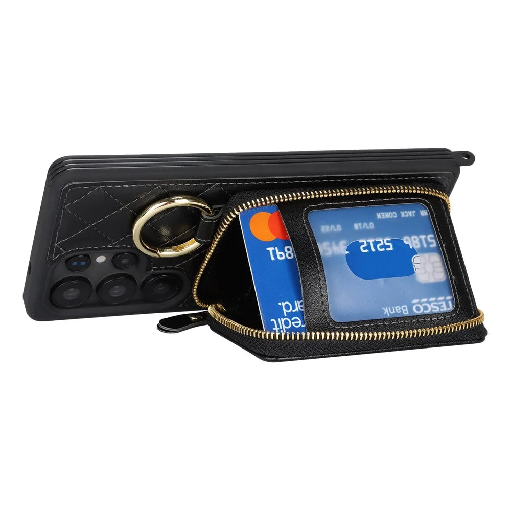 For Samsung Galaxy S25 Ultra Case Ring Holder Zipper Pocket Kickstand Leather Back Phone Cover with Shoulder Strap - Black - 5