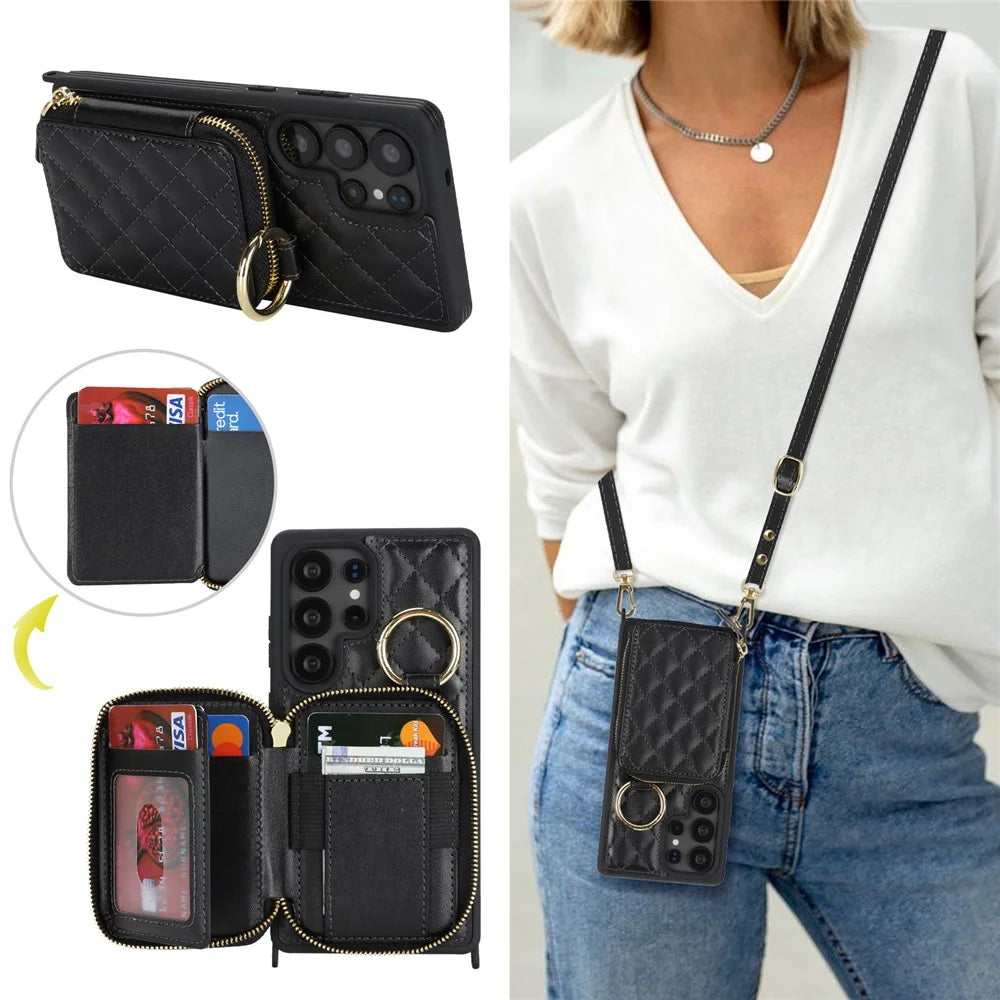 For Samsung Galaxy S25 Ultra Case Ring Holder Zipper Pocket Kickstand Leather Back Phone Cover with Shoulder Strap - Black - 6