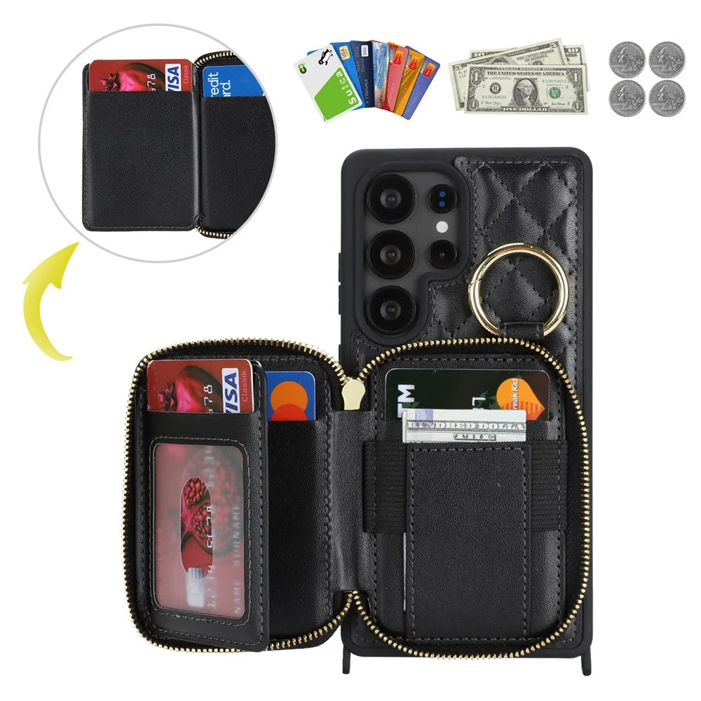 For Samsung Galaxy S25 Ultra Case Ring Holder Zipper Pocket Kickstand Leather Back Phone Cover with Shoulder Strap - Black - 7
