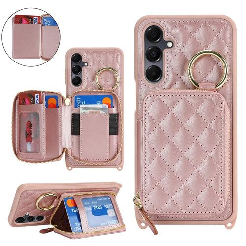 For Samsung Galaxy A15 5G / 4G Case Ring Holder Zipper Pocket Kickstand Leather Back Phone Cover with Shoulder Strap - Rose Gold - 1