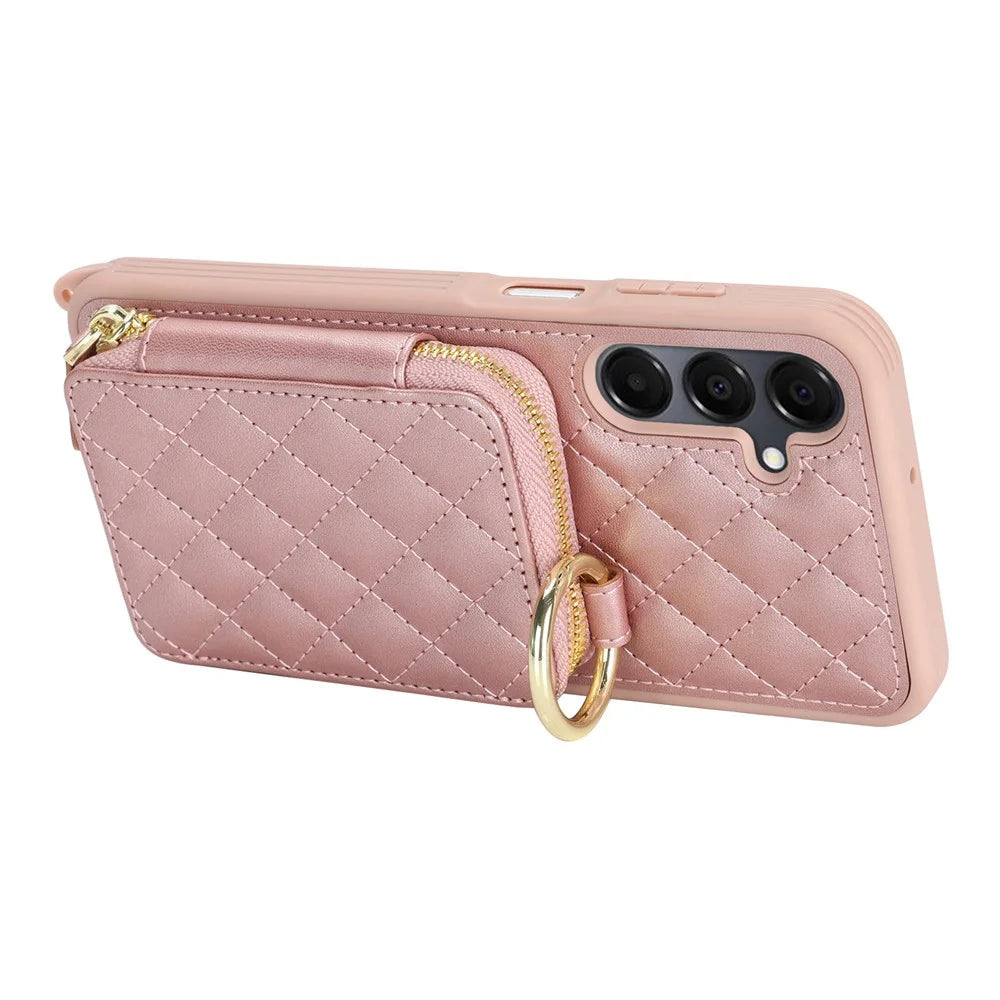 For Samsung Galaxy A15 5G / 4G Case Ring Holder Zipper Pocket Kickstand Leather Back Phone Cover with Shoulder Strap - Rose Gold - 5