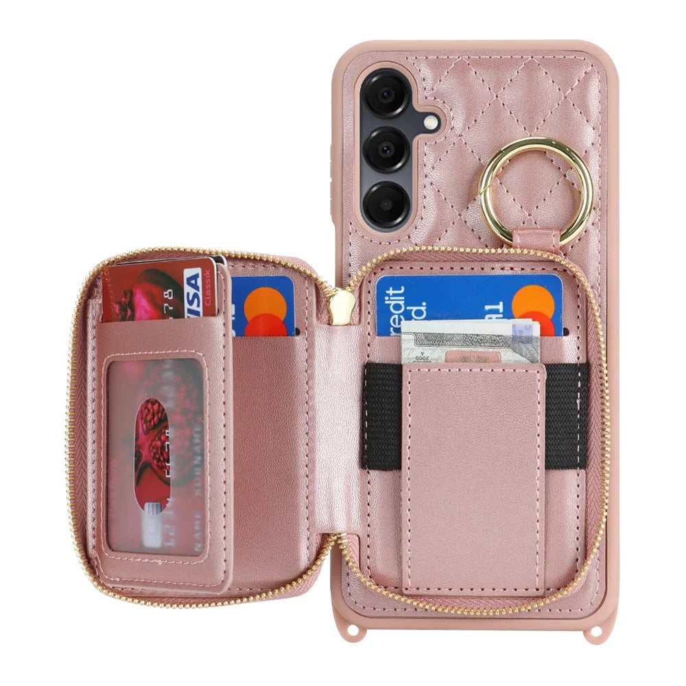 For Samsung Galaxy A16 5G / 4G Case Ring Holder Zipper Pocket Kickstand Leather Back Phone Cover with Shoulder Strap - Rose Gold - 2