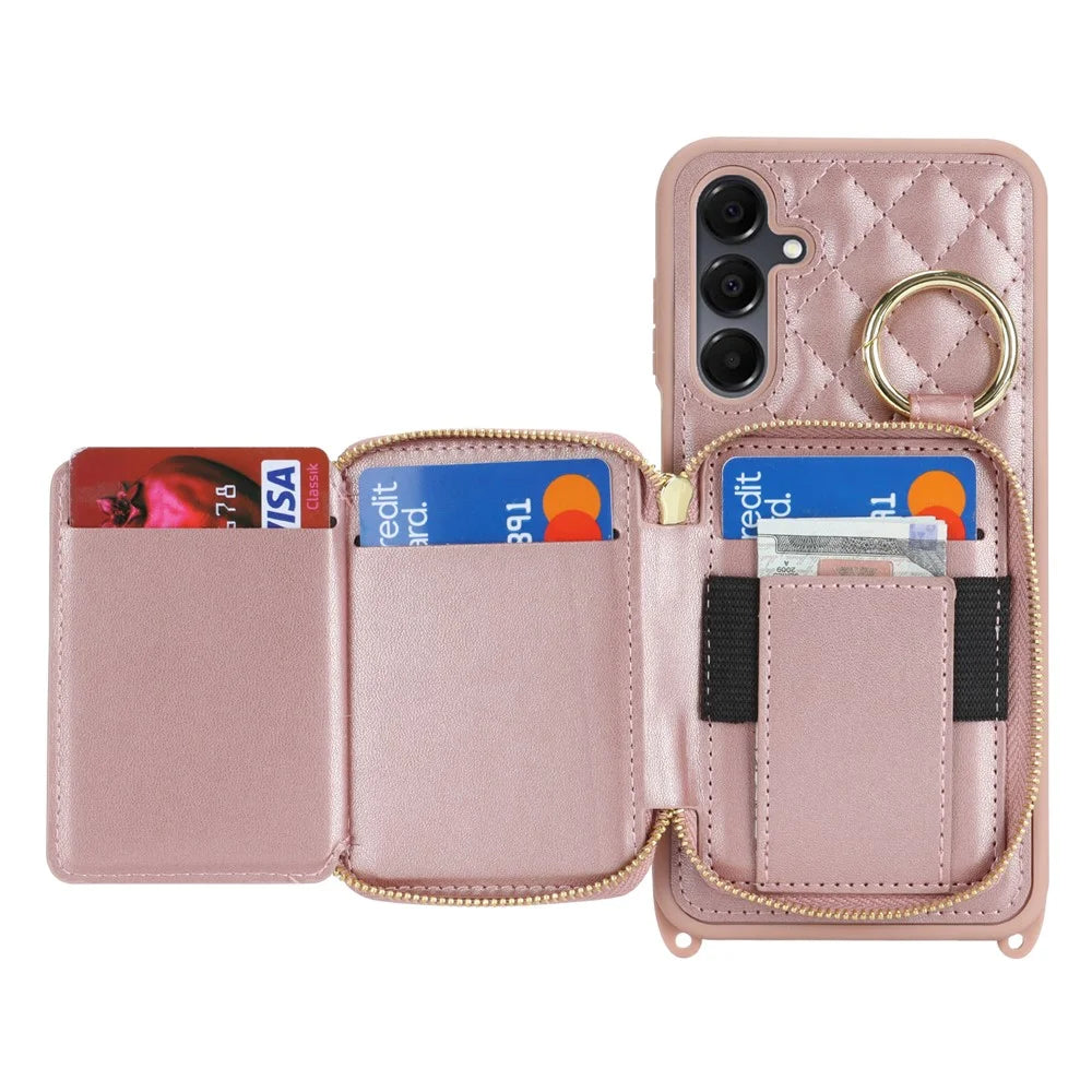 For Samsung Galaxy A16 5G / 4G Case Ring Holder Zipper Pocket Kickstand Leather Back Phone Cover with Shoulder Strap - Rose Gold - 3