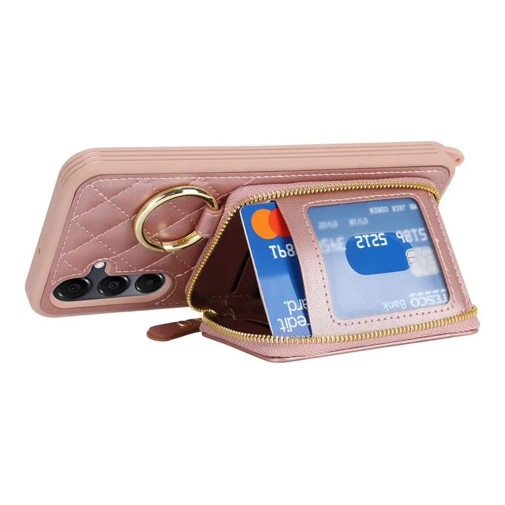 For Samsung Galaxy A16 5G / 4G Case Ring Holder Zipper Pocket Kickstand Leather Back Phone Cover with Shoulder Strap - Rose Gold - 4