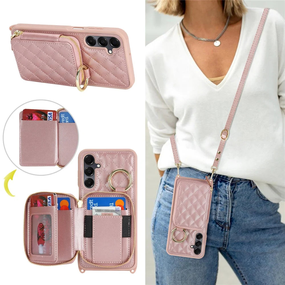 For Samsung Galaxy A16 5G / 4G Case Ring Holder Zipper Pocket Kickstand Leather Back Phone Cover with Shoulder Strap - Rose Gold - 6