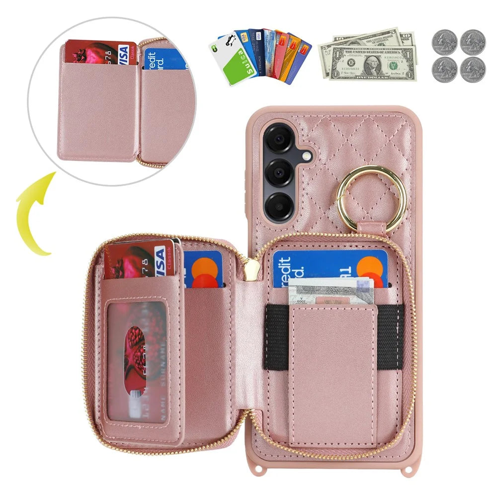 For Samsung Galaxy A16 5G / 4G Case Ring Holder Zipper Pocket Kickstand Leather Back Phone Cover with Shoulder Strap - Rose Gold - 7