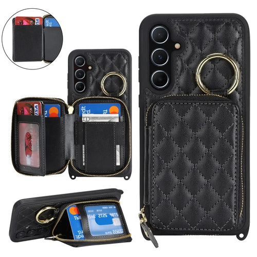 For Samsung Galaxy A55 5G Case Ring Holder Zipper Pocket Kickstand Leather Back Phone Cover with Shoulder Strap - Black - 1