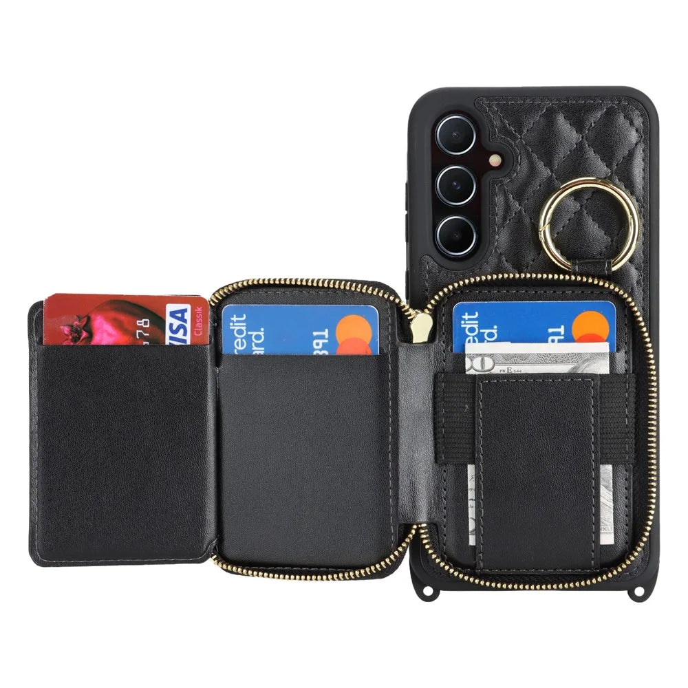 For Samsung Galaxy A55 5G Case Ring Holder Zipper Pocket Kickstand Leather Back Phone Cover with Shoulder Strap - Black - 2