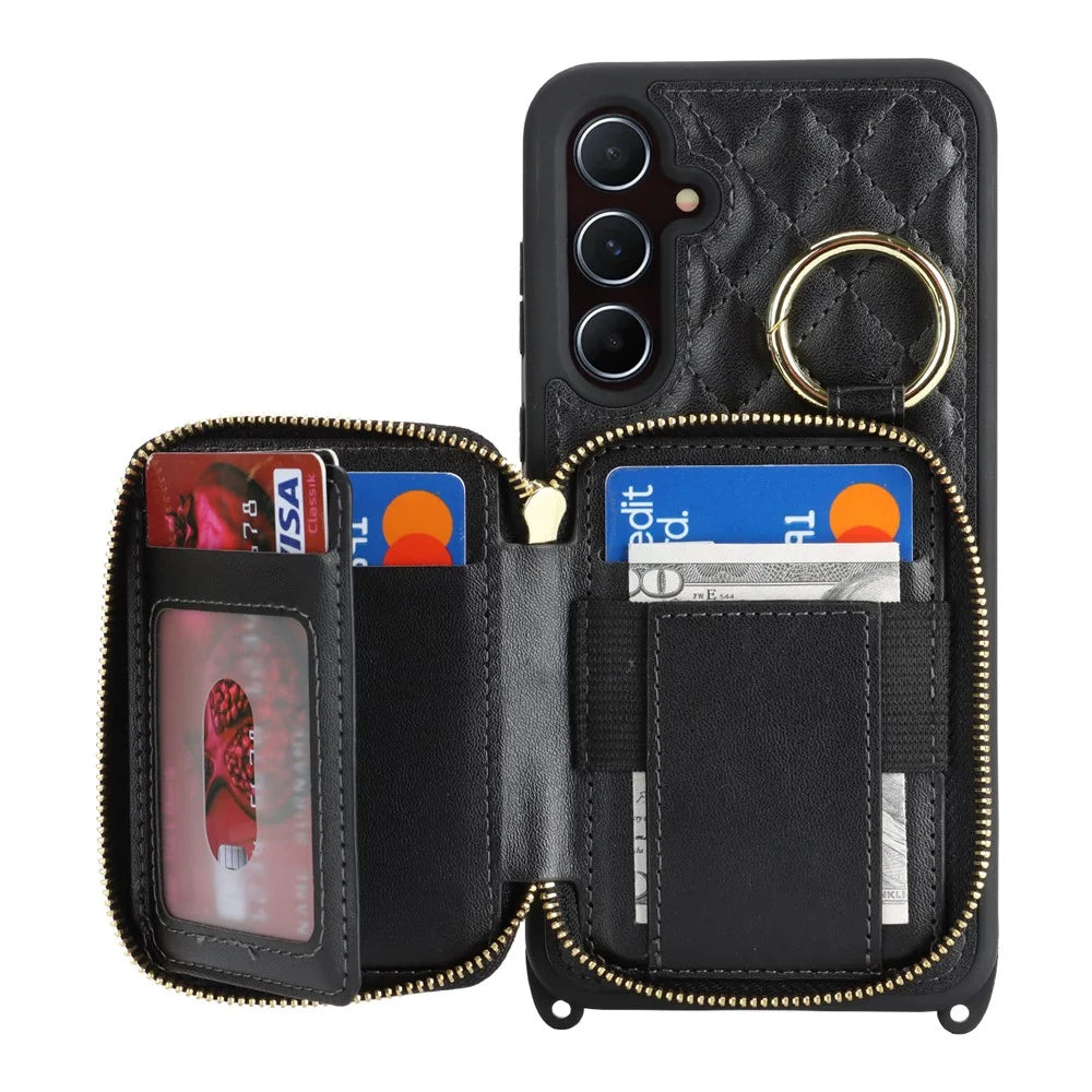 For Samsung Galaxy A55 5G Case Ring Holder Zipper Pocket Kickstand Leather Back Phone Cover with Shoulder Strap - Black - 3