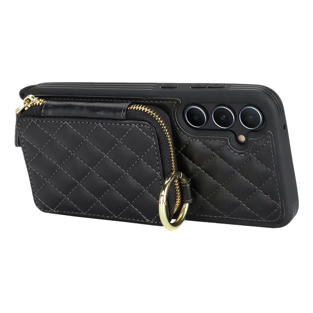 For Samsung Galaxy A55 5G Case Ring Holder Zipper Pocket Kickstand Leather Back Phone Cover with Shoulder Strap - Black - 4