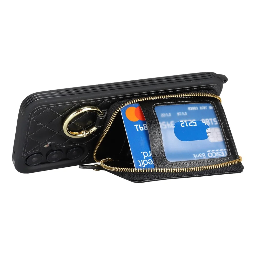 For Samsung Galaxy A55 5G Case Ring Holder Zipper Pocket Kickstand Leather Back Phone Cover with Shoulder Strap - Black - 5