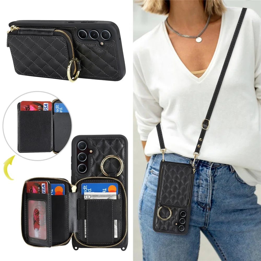 For Samsung Galaxy A55 5G Case Ring Holder Zipper Pocket Kickstand Leather Back Phone Cover with Shoulder Strap - Black - 6