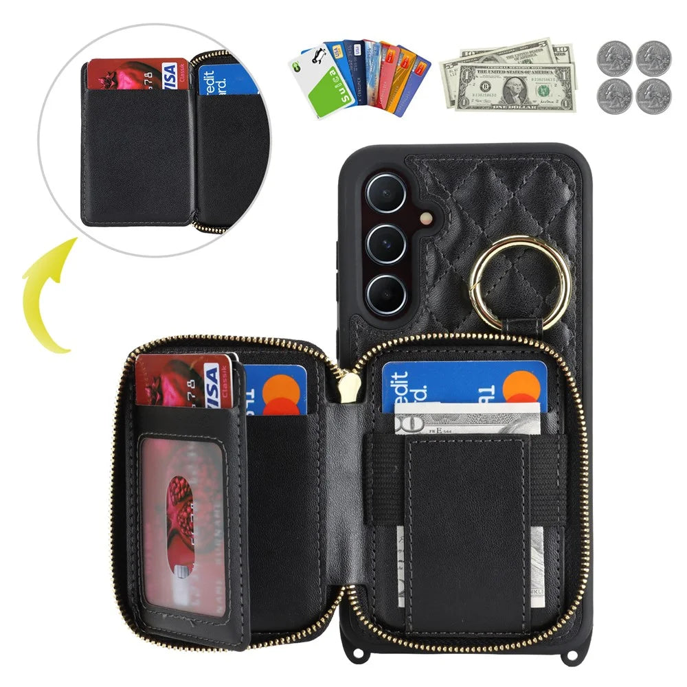 For Samsung Galaxy A55 5G Case Ring Holder Zipper Pocket Kickstand Leather Back Phone Cover with Shoulder Strap - Black - 7