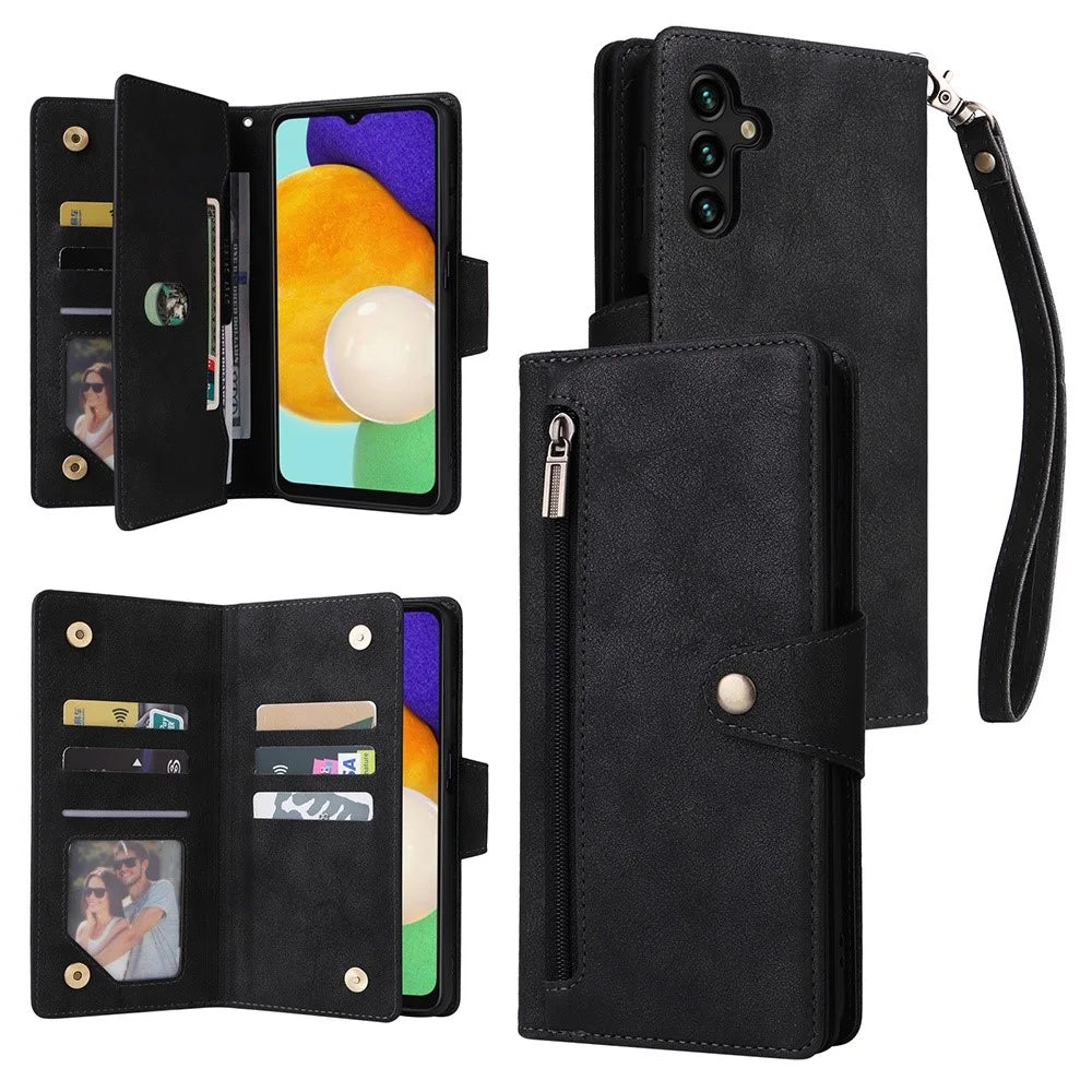 Drop-proof Phone Case For Samsung Galaxy A14 5G / A14 4G Zippered Wallet Rivet Buckle PU Leather Stand Cell Phone Cover with Strap - Black - 1