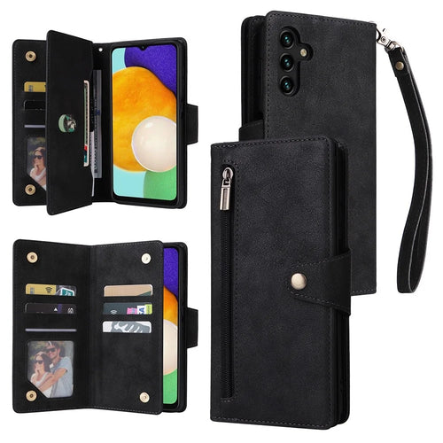Drop-proof Phone Case For Samsung Galaxy A14 5G / A14 4G Zippered Wallet Rivet Buckle PU Leather Stand Cell Phone Cover with Strap - Black - 1