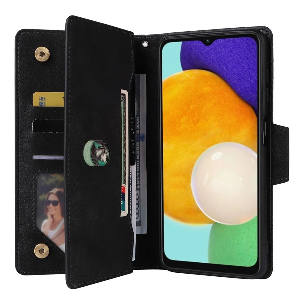 Drop-proof Phone Case For Samsung Galaxy A14 5G / A14 4G Zippered Wallet Rivet Buckle PU Leather Stand Cell Phone Cover with Strap - Black - 3