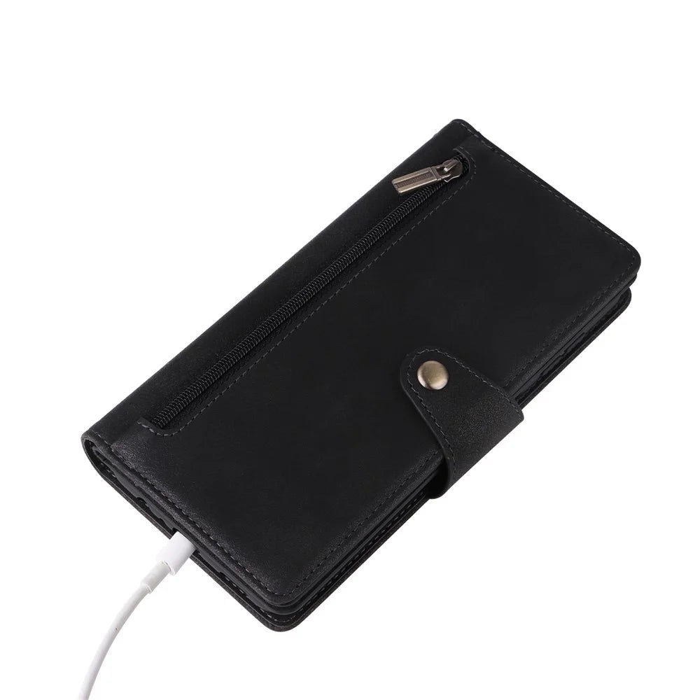 Drop-proof Phone Case For Samsung Galaxy A14 5G / A14 4G Zippered Wallet Rivet Buckle PU Leather Stand Cell Phone Cover with Strap - Black - 5