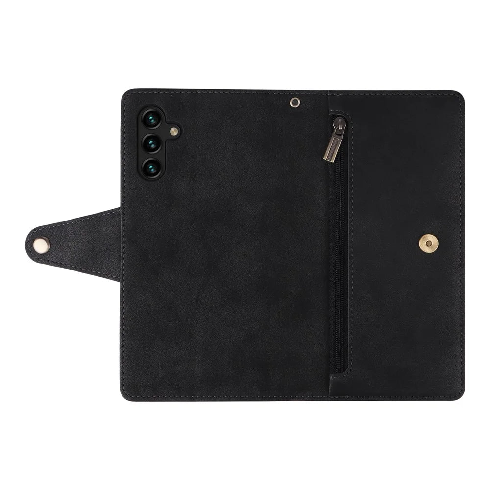 Drop-proof Phone Case For Samsung Galaxy A14 5G / A14 4G Zippered Wallet Rivet Buckle PU Leather Stand Cell Phone Cover with Strap - Black - 7