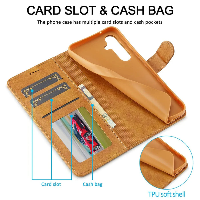 LC.IMEEKE For Samsung Galaxy S26 Case Wallet Calf Texture Leather Phone Cover - Yellow - 5