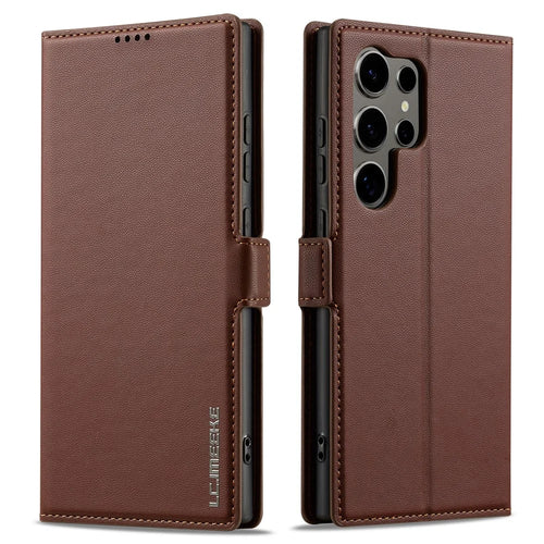 LC.IMEEKE L1 Series for Samsung Galaxy S26 Ultra Case PU Leather Wallet Stand Protective Phone Cover - Brown - 1