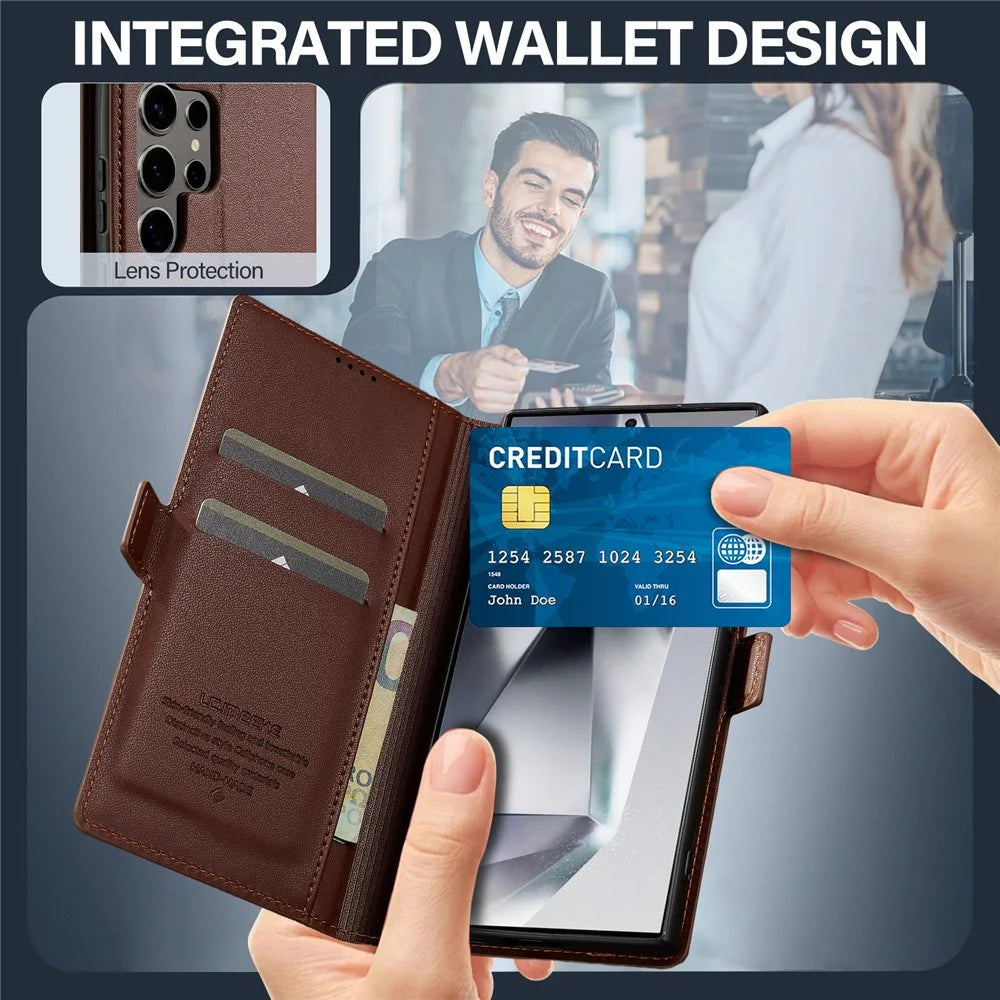 LC.IMEEKE L1 Series for Samsung Galaxy S26 Ultra Case PU Leather Wallet Stand Protective Phone Cover - Brown - 4