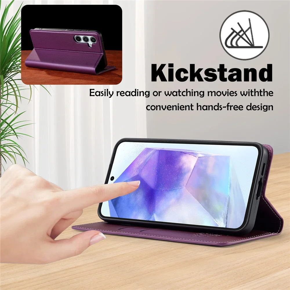 LC.IMEEKE L1 Series for Samsung Galaxy A57 5G Case PU Leather Wallet Stand Protective Phone Cover - Purple - 5