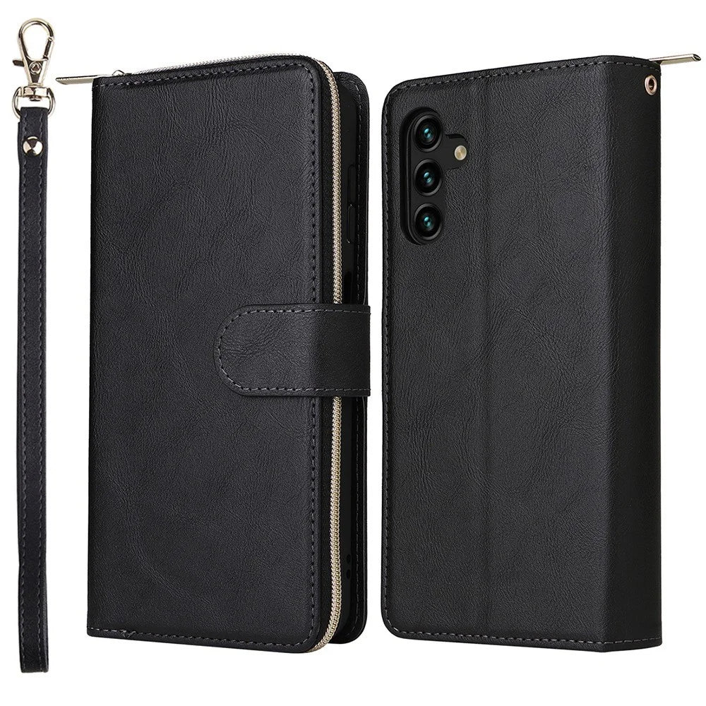 For Samsung Galaxy A14 5G / A14 4G PU Leather 9 Card Slots Phone Case Zipper Pocket Stand Wallet Cover with Strap - Black - 1