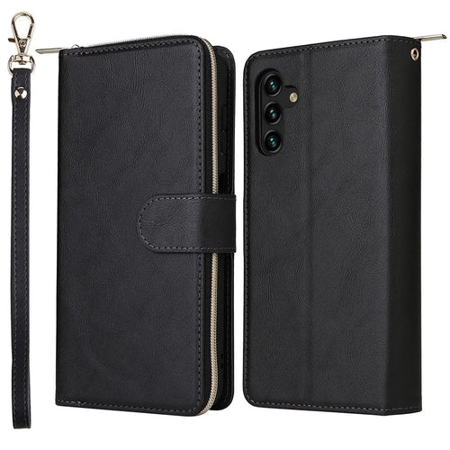 For Samsung Galaxy A14 5G / A14 4G PU Leather 9 Card Slots Phone Case Zipper Pocket Stand Wallet Cover with Strap - Black - 1