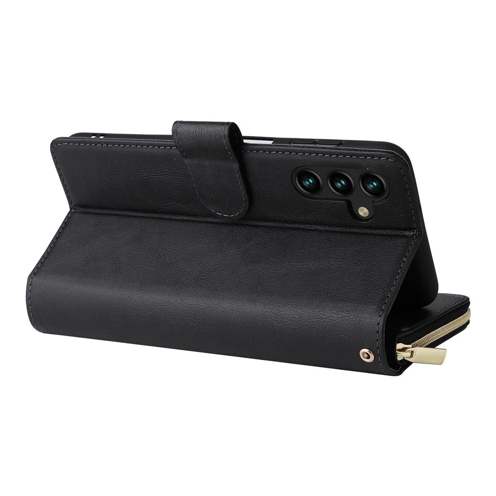 For Samsung Galaxy A14 5G / A14 4G PU Leather 9 Card Slots Phone Case Zipper Pocket Stand Wallet Cover with Strap - Black - 4