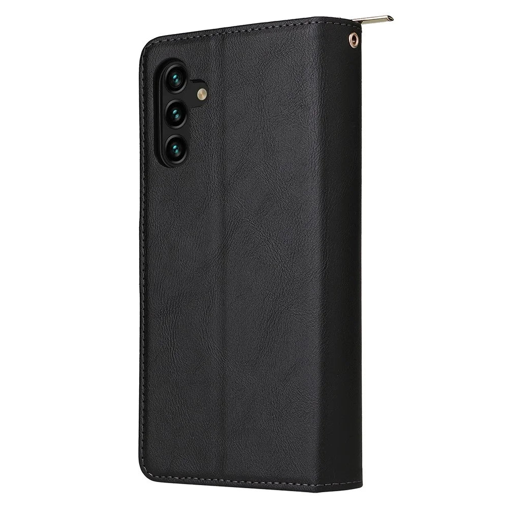 For Samsung Galaxy A14 5G / A14 4G PU Leather 9 Card Slots Phone Case Zipper Pocket Stand Wallet Cover with Strap - Black - 5