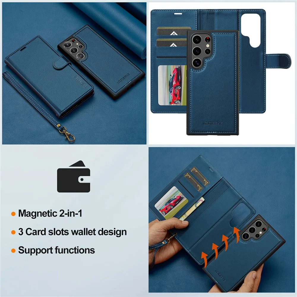 LC.IMEEKE L2 Series for Samsung Galaxy S26 Ultra Case PU Leather Wallet Detachable Magnetic Phone Cover - Blue - 7