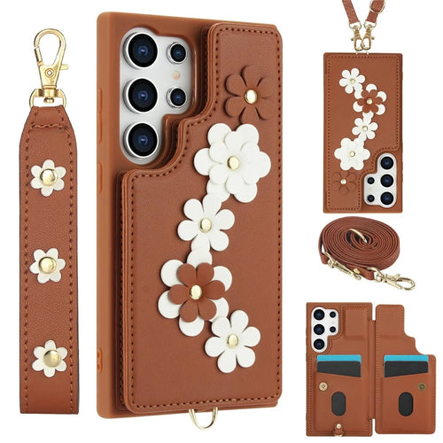 For Samsung Galaxy S26 Ultra Case Card Slots Leather Coated TPU Flower Phone Cover with 2 Straps - Brown - 1