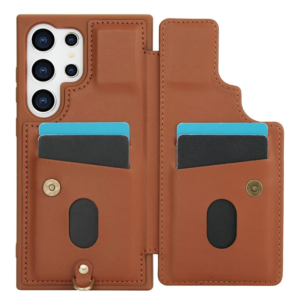 For Samsung Galaxy S26 Ultra Case Card Slots Leather Coated TPU Flower Phone Cover with 2 Straps - Brown - 2