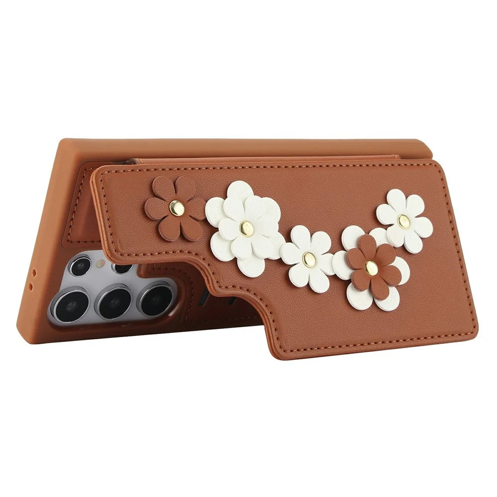 For Samsung Galaxy S26 Ultra Case Card Slots Leather Coated TPU Flower Phone Cover with 2 Straps - Brown - 3