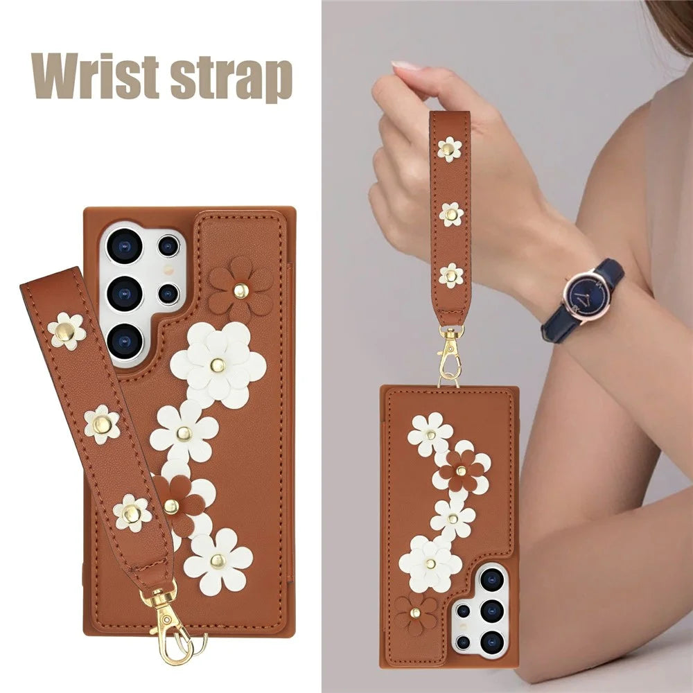 For Samsung Galaxy S26 Ultra Case Card Slots Leather Coated TPU Flower Phone Cover with 2 Straps - Brown - 5