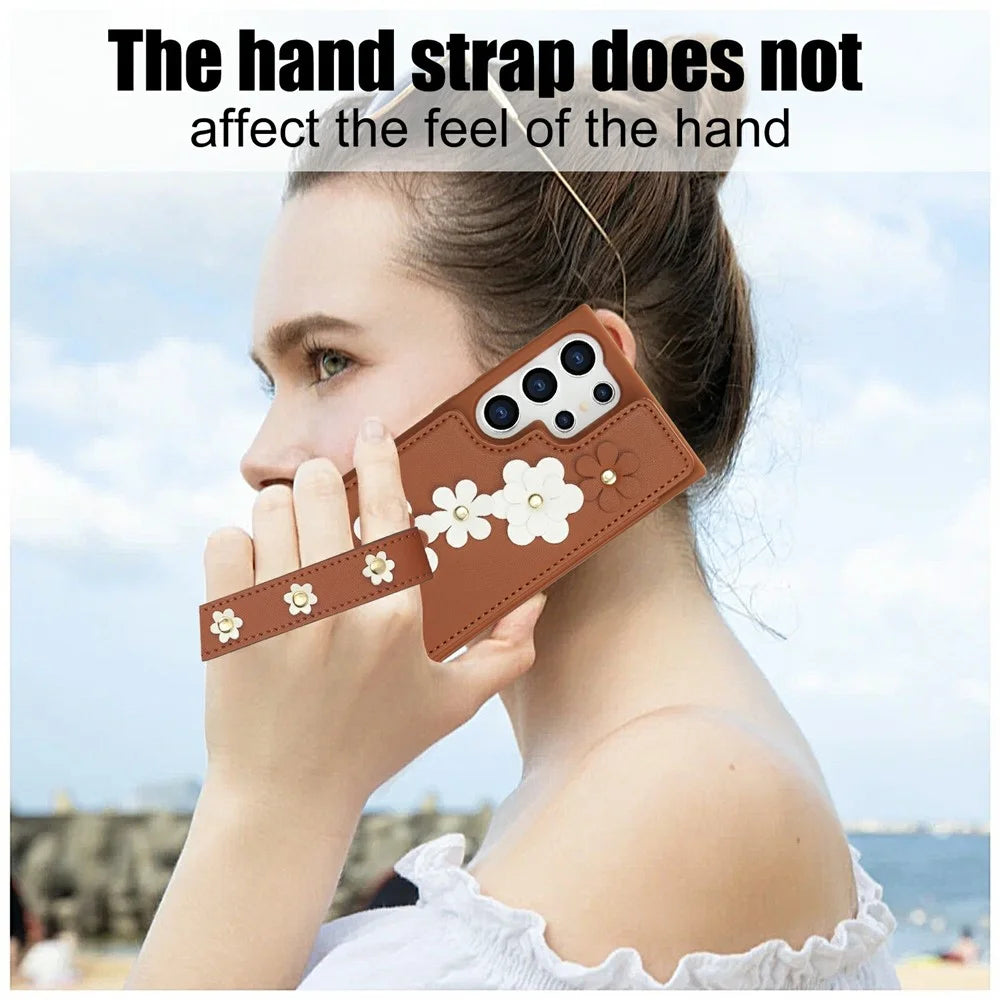 For Samsung Galaxy S26 Ultra Case Card Slots Leather Coated TPU Flower Phone Cover with 2 Straps - Brown - 6