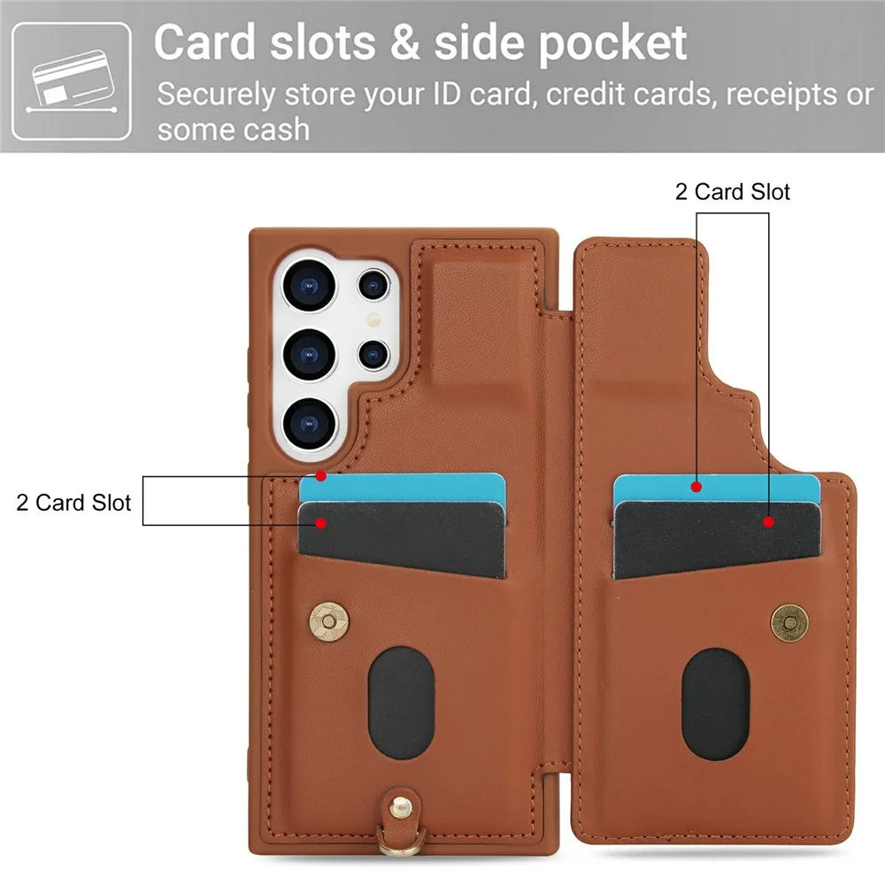 For Samsung Galaxy S26 Ultra Case Card Slots Leather Coated TPU Flower Phone Cover with 2 Straps - Brown - 7