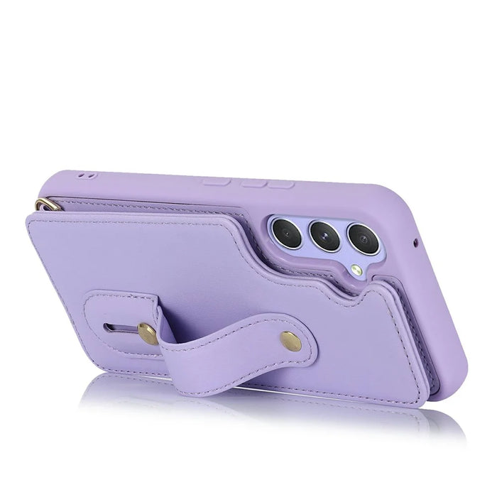 For Samsung Galaxy S26 Case Kickstand Card Slots Leather Coated TPU Cover with Shoulder Strap - Purple - 3