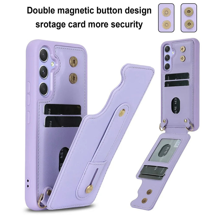For Samsung Galaxy S26 Case Kickstand Card Slots Leather Coated TPU Cover with Shoulder Strap - Purple - 4