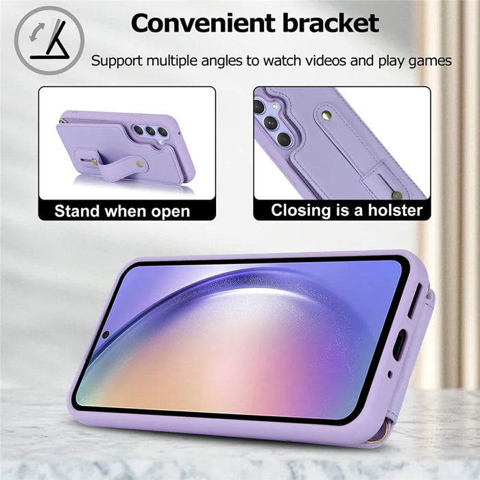For Samsung Galaxy S26 Case Kickstand Card Slots Leather Coated TPU Cover with Shoulder Strap - Purple - 7