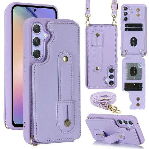 For Samsung Galaxy S26+ Case Kickstand Card Slots Leather Coated TPU Cover with Shoulder Strap - Purple - 1