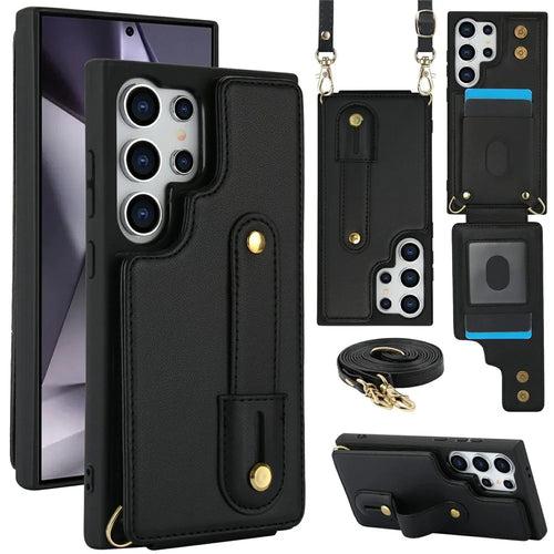 For Samsung Galaxy S26 Ultra Case Kickstand Card Slots Leather Coated TPU Cover with Shoulder Strap - Black - 1