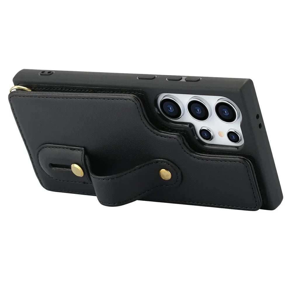 For Samsung Galaxy S26 Ultra Case Kickstand Card Slots Leather Coated TPU Cover with Shoulder Strap - Black - 3