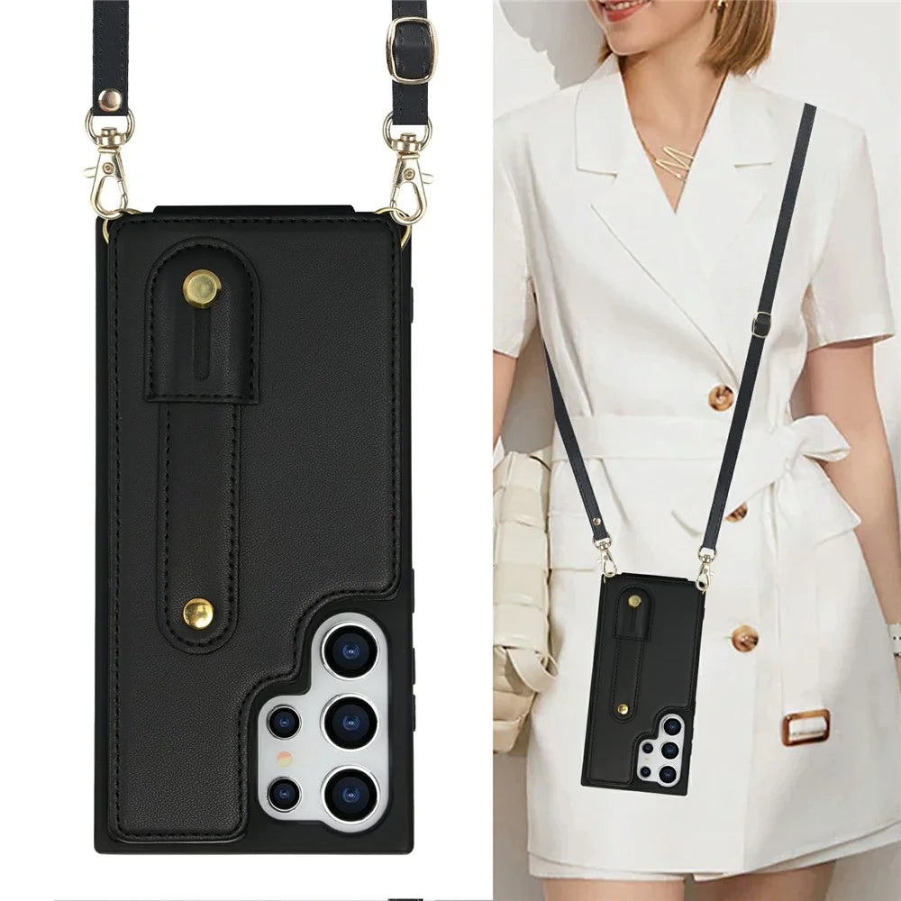 For Samsung Galaxy S26 Ultra Case Kickstand Card Slots Leather Coated TPU Cover with Shoulder Strap - Black - 5